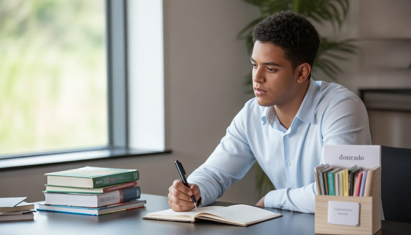 Estudante organizando repertório sociocultural para redação com lista de temas, citações e referências