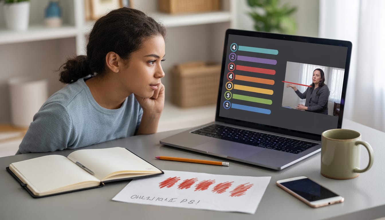 Estudante revisando redação do ENEM com notas por competência em uma plataforma online