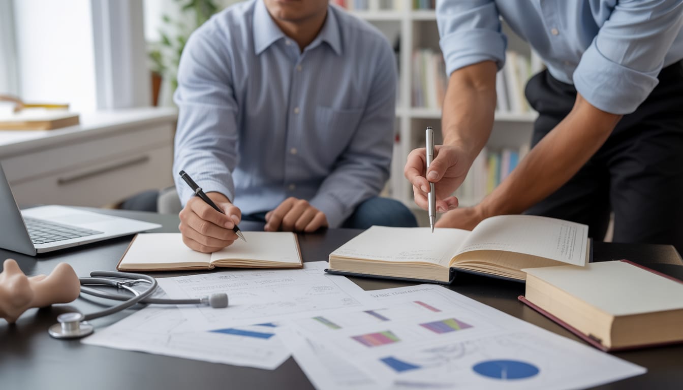 Estudante escrevendo redação para Medicina com anotações de repertório científico e dados de saúde pública