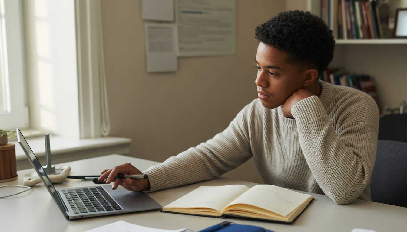 Estudante organizando livros e artigos para pesquisa bibliográfica do TCC no notebook