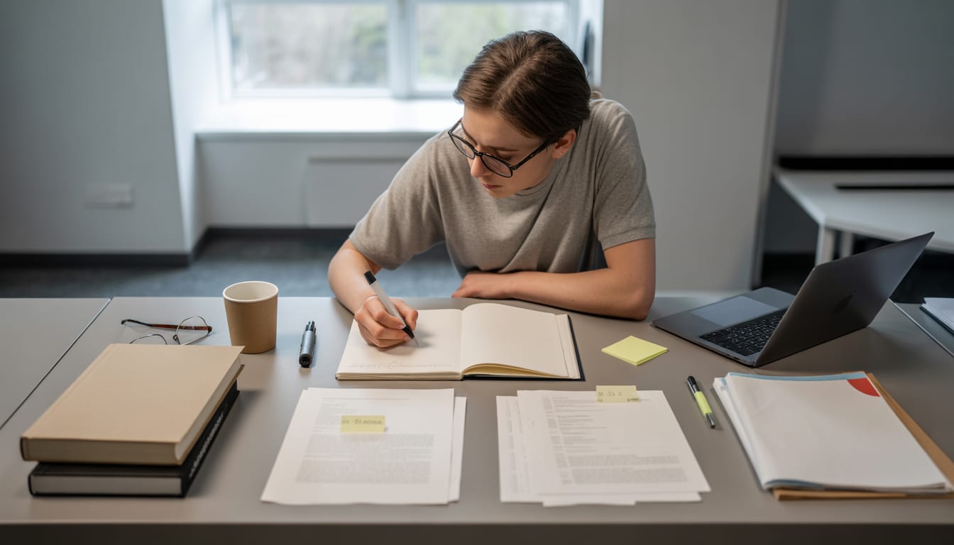 Estudante organizando livros e artigos para pesquisa bibliográfica do TCC com referências ABNT 2024